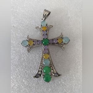 Karis Silver Tone Cross Pendant Pearls Multicolor